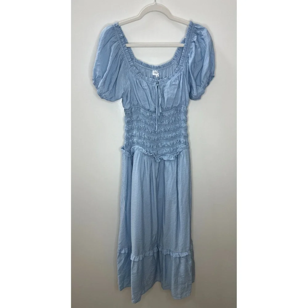 LE LIS Light Blue Smocked Puff Sleeve Midi Dress M Milkmaid Cottagecore Coquette - Picture 16 of 16